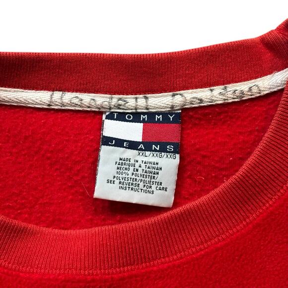 Vintage 90s Tommy Hilfiger Red XXL Fleece Crewneck Sweatshirt Elastic Hem Men’s - Picture 3 of 6